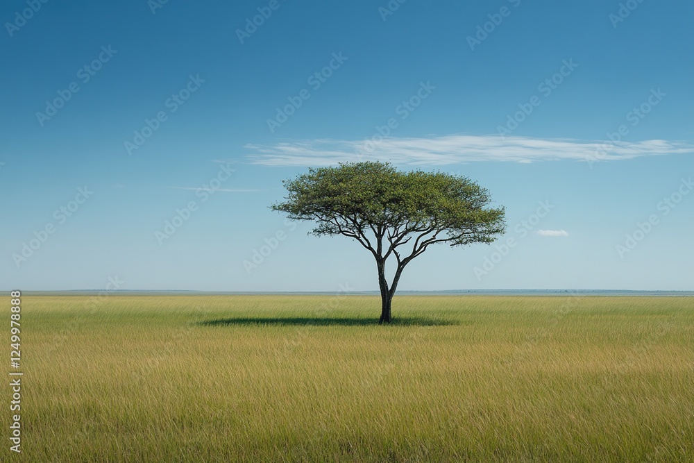 Obraz premium Solitary Tree Stands Tall in Serene Grassland Under a Vast Blue Sky, Evoking Tranquility and Peace.