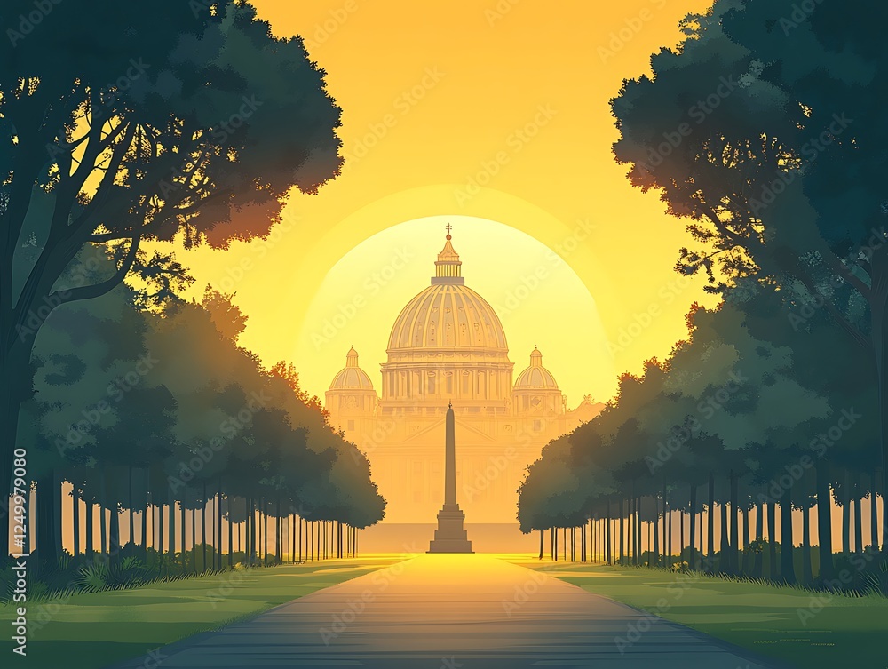 Obraz premium Sunrise over cathedral, tree-lined avenue