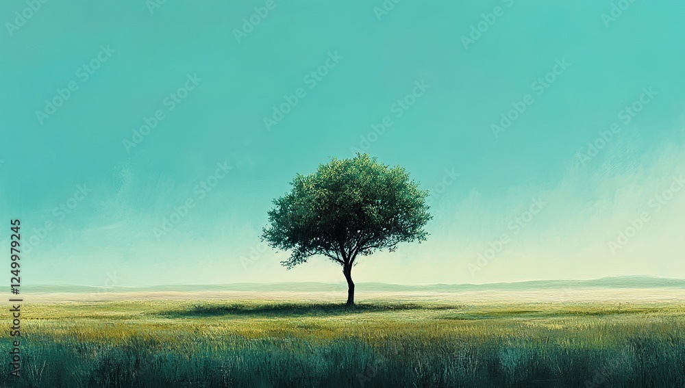 Fototapeta premium Lone Tree Stands Tall in Serene Field Under a Vast Sky, Evoking Tranquility and Peace in Nature's Embrace