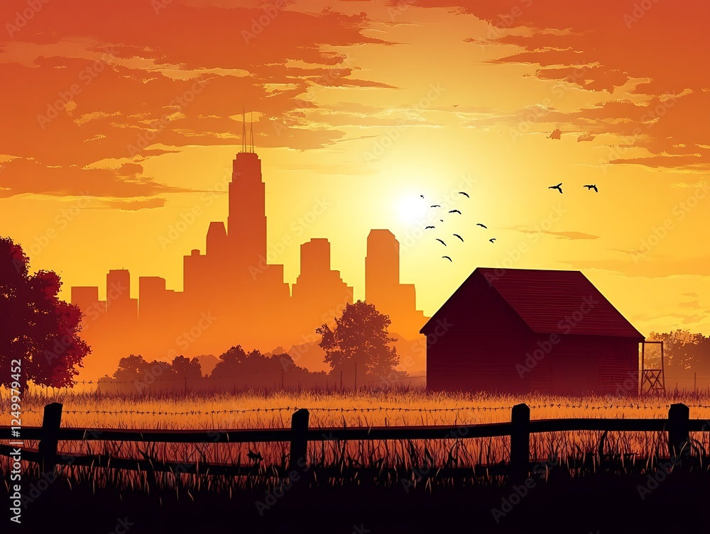 Obraz premium Rural barn with city skyline at sunset