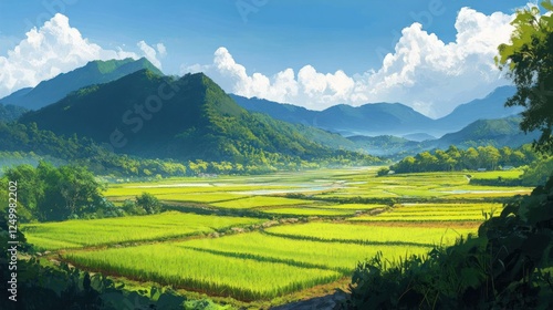 Lush Rice Terraces Nestled Among Verdant Mountains Under a Blue Sky