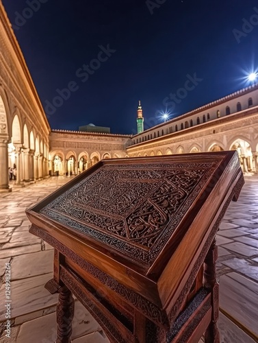 Carved wooden lectern at the Prophet s Mosque in Medina photo