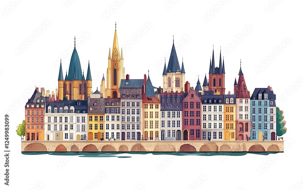 Fototapeta premium Colorful European city skyline with bridge and river