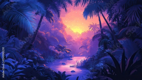 Pixel Art Tropical Sunset River Scene