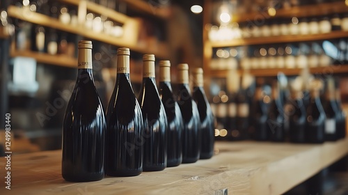 Wine Bottles on Wooden Counter in a Wine Shop photo