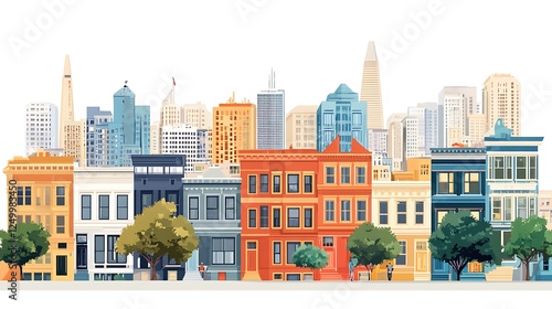 Colorful San Francisco cityscape with diverse houses and skyscrapers in background