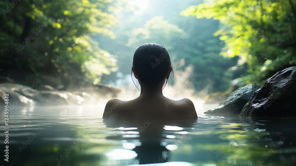 和風の露天風呂で景色を眺める日本人女性の穏やかな時間 和風の露天風呂で景色を眺める日本人女性の穏やかな時間