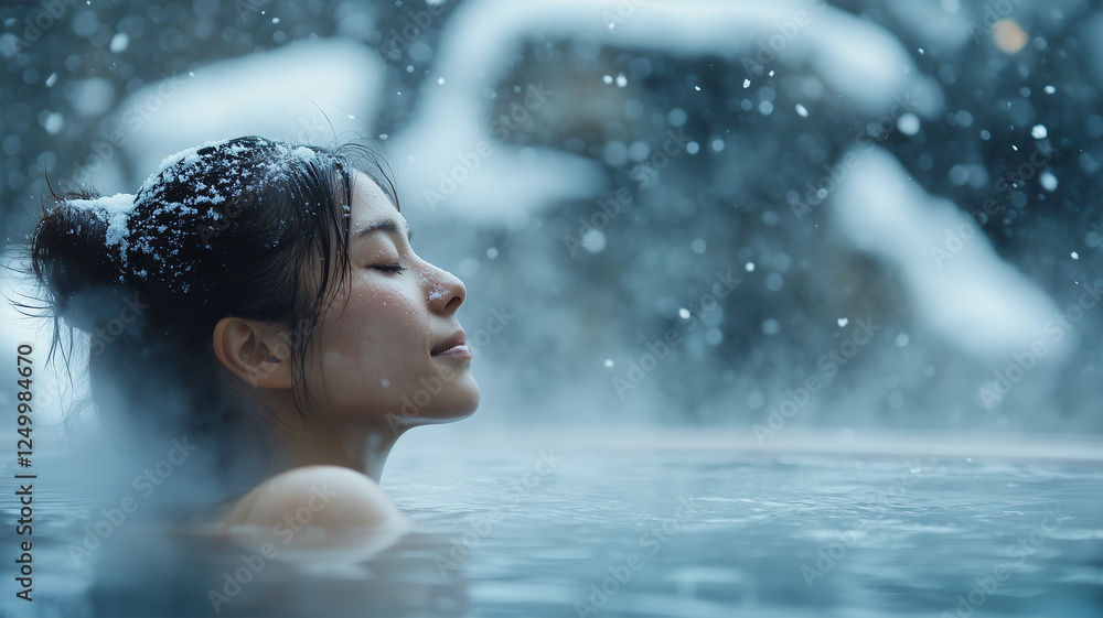 Fototapeta premium 雪見露天風呂で肩まで浸かり、ほっと息をつく日本人女性の癒しの時間