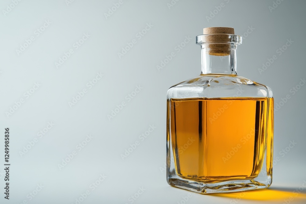 Elegant Glass Bottle Containing Golden Liquid with Cork Stopper on Soft Background