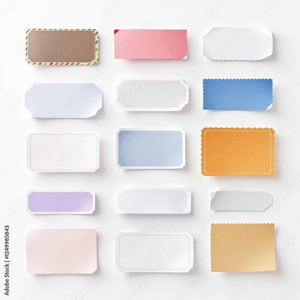 Adhesive label set with various shapes and sizes isolated on a white background, office supplies, adhesive paper Adhesive label set with various shapes and sizes isolated on a white background, office supplies, adhesive paper