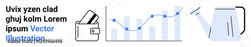 Wallet holding credit cards, bar graph with rising trend line, metal watering can. Ideal for finance, data analysis, investment growth, gardening, savings, economic trends financial planning