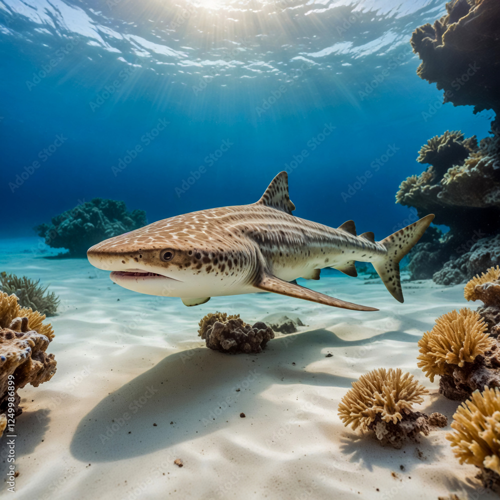 Naklejka premium watercolor scene of a zebra shark swimming gracefully just above the sandy ocean floor in the shallow waters of the Maldives
