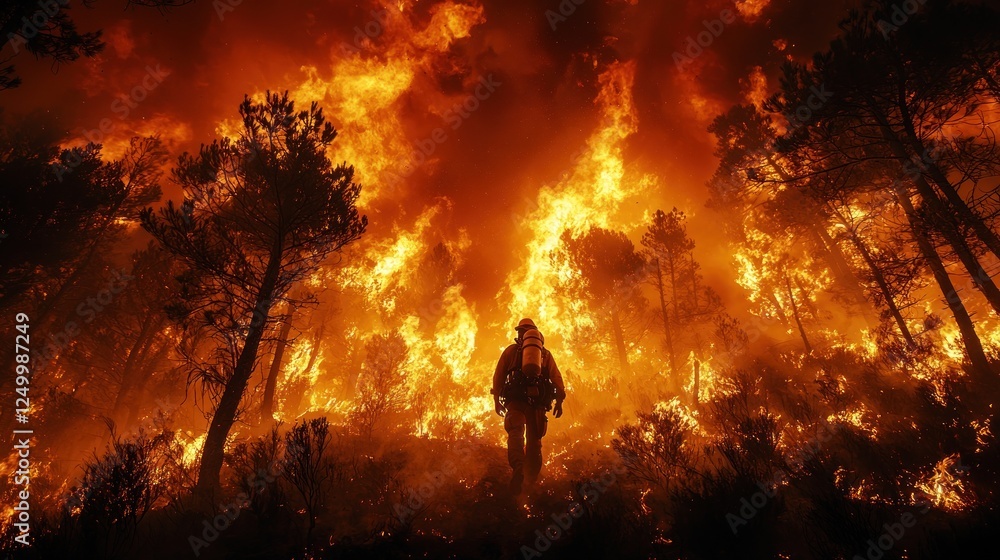 Fototapeta premium Firefighter Bravely Faces Raging Wildfire Inferno