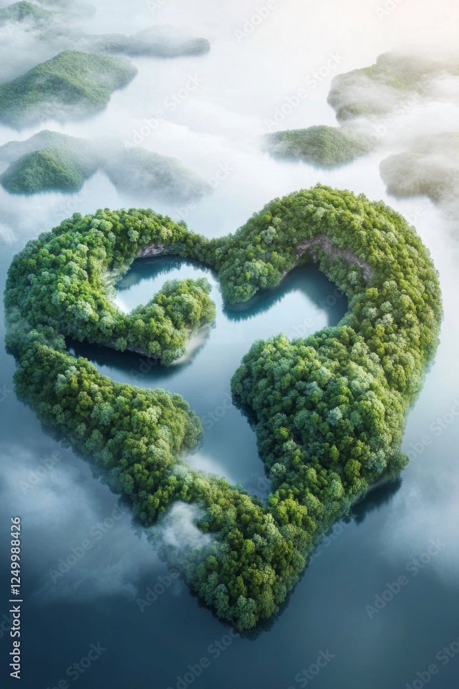 Aerial view of lush green islands forming a heart shape in a tranquil body of water. Serenity and nature. Aerial view of lush green islands forming a heart shape in a tranquil body of water. Serenity and nature.