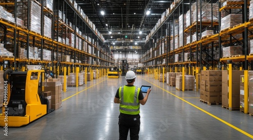 Warehouse worker using tablet in large distribution center.