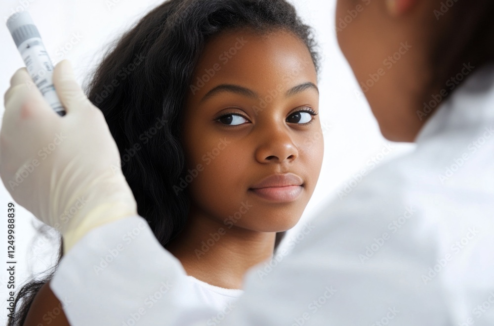 Fototapeta premium Young Black girl at doctor's appointment. Serious expression, healthcare.