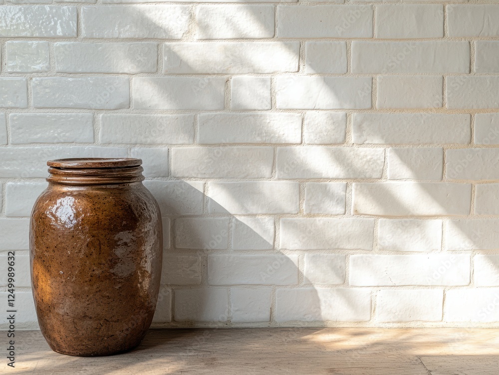 Fototapeta premium Rustic brown jar against a white brick wall with sunlight.