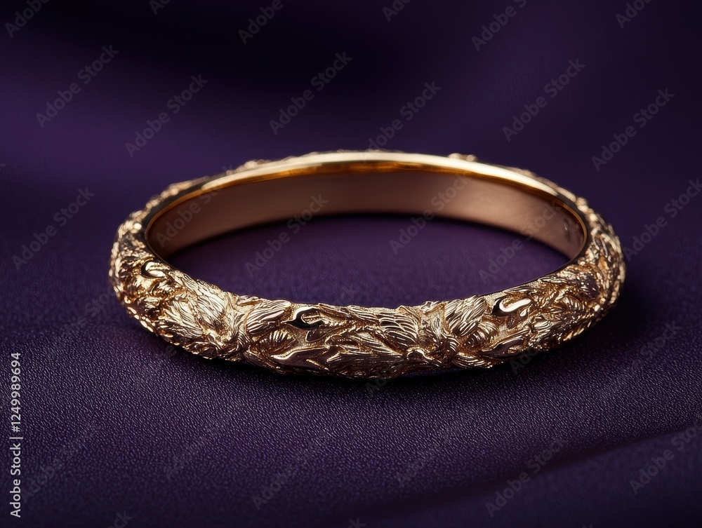 A gold bangle bracelet with intricate floral carvings on a purple surface. A gold bangle bracelet with intricate floral carvings on a purple surface.