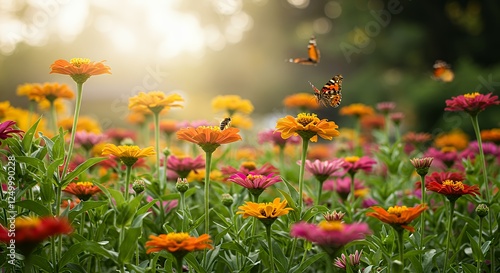 Zinnia Flowers Bloom with Butterflies and Bee in Sunlight Field