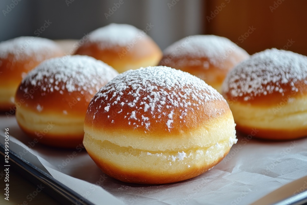 Freshly Baked Doughnuts Sprinkled with Powdered Sugar on a Tray for Enjoyment and Indulgence Freshly Baked Doughnuts Sprinkled with Powdered Sugar on a Tray for Enjoyment and Indulgence