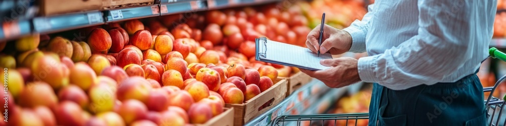 Person taking inventory of fresh produce at a grocery store. Person taking inventory of fresh produce at a grocery store.