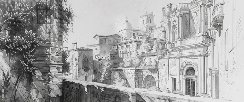 Obraz premium Detailed pencil sketch of a weathered cityscape. Intricate lines define old architecture. Deep shadows and vines add depth and realism.