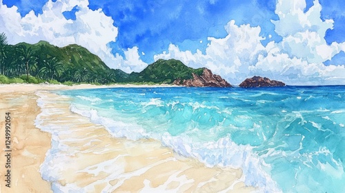 Watercolor Painting of a Tropical Beach Paradise with Lush Green Mountains