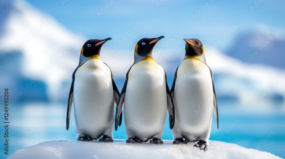 Fototapeta premium Three Emperor Penguins Standing on Ice Against a Blue Background