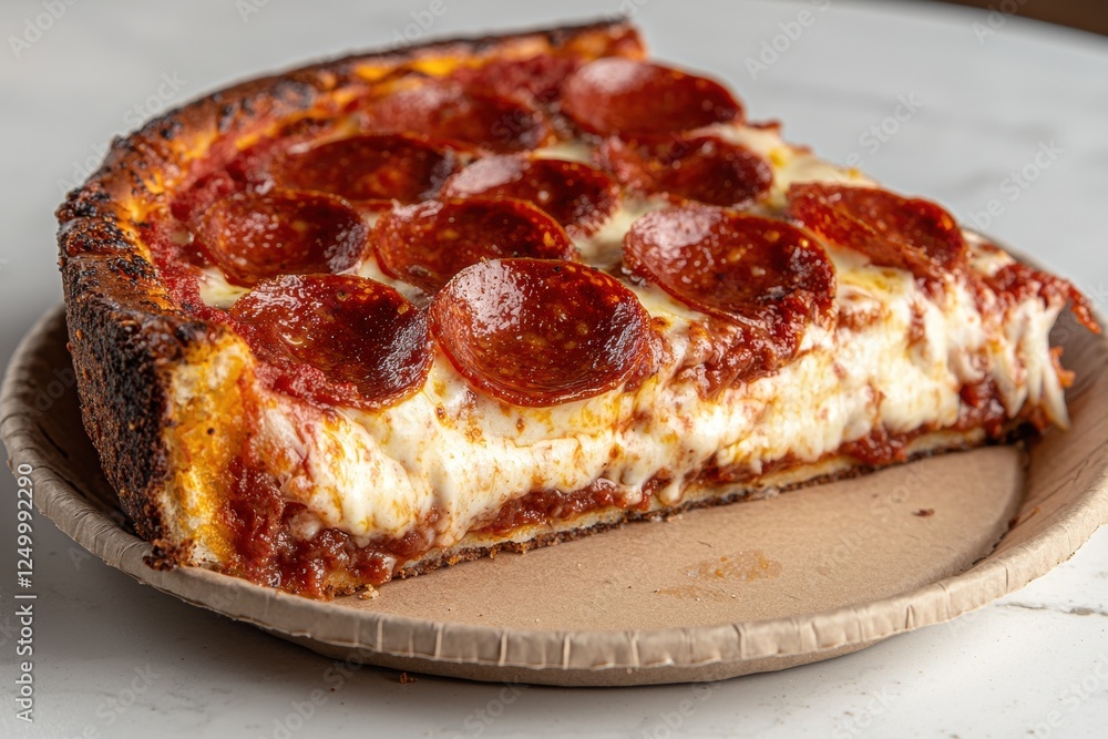 A delicious slice of deep-dish pepperoni pizza. A delicious slice of deep-dish pepperoni pizza.