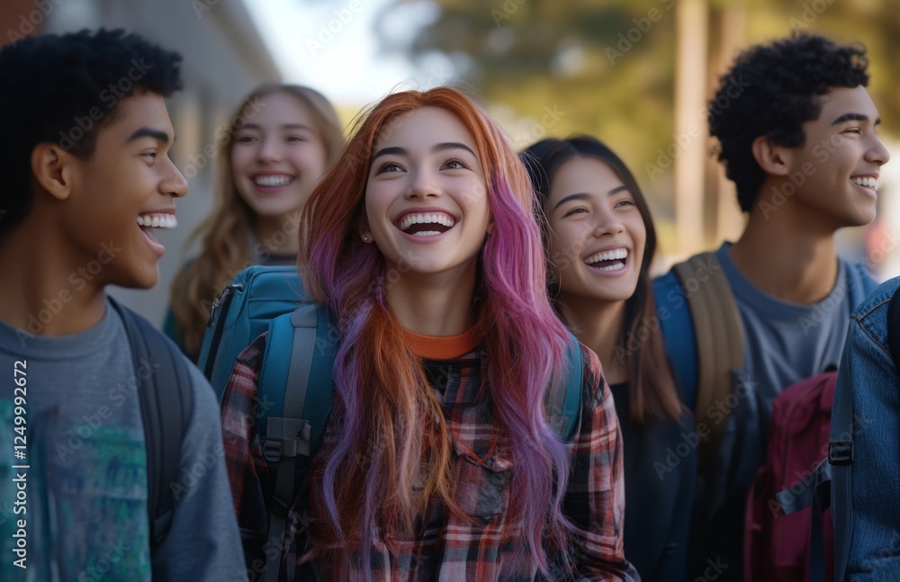 Obraz premium Joyful group of diverse teens, laughing and looking up, share a happy moment outdoors.