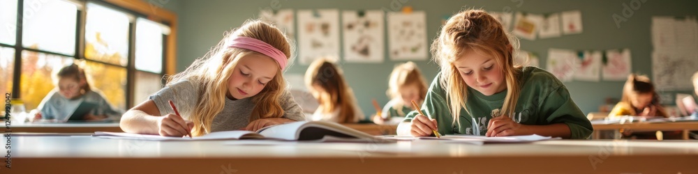 Two elementary school-aged girls diligently work on their classwork in a bright classroom. Two elementary school-aged girls diligently work on their classwork in a bright classroom.