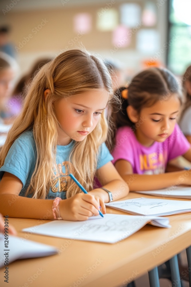 Two young students, focused on their work, diligently complete their class assignments. Two young students, focused on their work, diligently complete their class assignments.