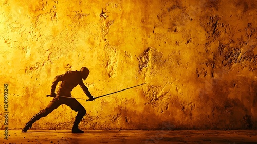 A fencer lunging forward with a rapier engaged in an intense duel scene  The dramatic silhouette backlit by a warm glow captures the power energy and precision of this historic sport of fencing photo