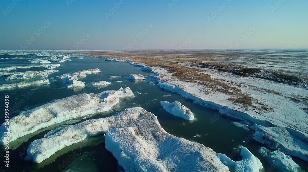 Arctic sea ice floats near a snow-covered shore. Illustrates climate change and its impact on polar regions. Arctic sea ice floats near a snow-covered shore. Illustrates climate change and its impact on polar regions.