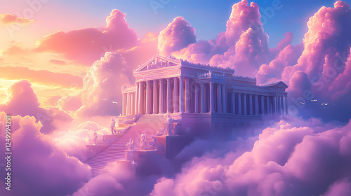 Majestic celestial palace perched atop misty mount olympus with grand columns floating gardens and ethereal beings gliding through luminous clouds. Ancient Cosmic Beings. Illustration