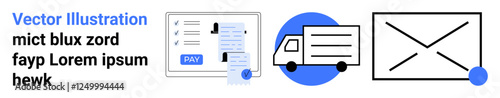 Digital payment device with receipt, delivery truck in motion, and email draft visualization. Ideal for finance, logistics, e-commerce, communication, shipping, automation abstract line flat