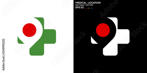 Health pin map logo. Location, hospital, treatment. Vector icon symbol design template EPS 10.