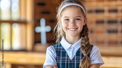 Cheerful young American Catholic school girl wearing a plaid school uniform and headband standing in a classroom with a religious cross visible in the background  She has a friendly