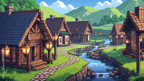 Wallpaper Mural ピクセルアートは、緑の丘に囲まれた趣のある村を描いている。木造の家々が、流れる川と小さな滝のそばの石畳の道に並んでいる。暖かい光が景色を照らしている。 Torontodigital.ca