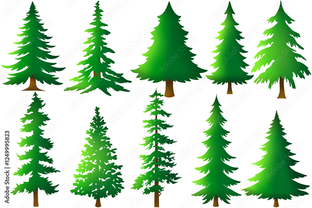 Obraz premium Set of christmas tree in cartoon style isolated on white background. Pine trees vector collection in trendy and simple style. Elements for christmas celebration, wallpaper and background element