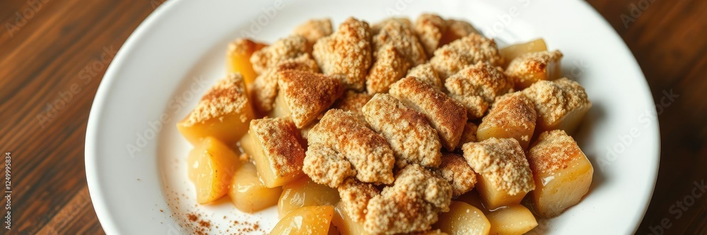A sprinkling of cinnamon adds depth to the warm apple crumble on a crisp white plate, treat, flavor A sprinkling of cinnamon adds depth to the warm apple crumble on a crisp white plate, treat, flavor