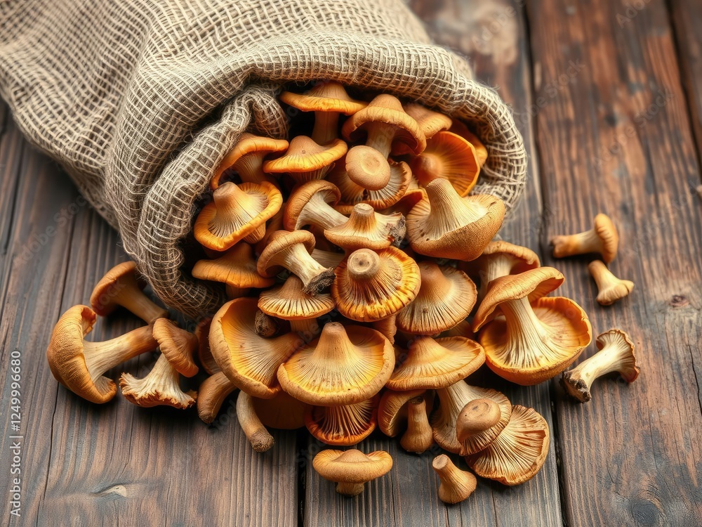 Earthy-toned burlap sack overflowing with chanterelle mushrooms scattered around a rustic wooden surface displaying natural textures and earthy tones, foraging, forest floor Earthy-toned burlap sack overflowing with chanterelle mushrooms scattered around a rustic wooden surface displaying natural textures and earthy tones, foraging, forest floor