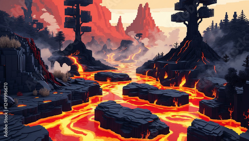 溶岩の川がマインクラフト風の火山地形を流れる