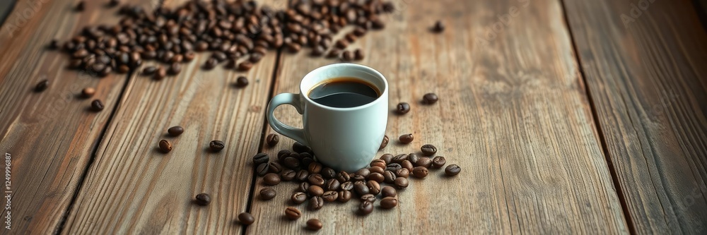 A steaming espresso coffee cup placed on a worn wooden vintage table with scattered coffee beans surrounding it, vintage table, warm lighting, cozy ambiance A steaming espresso coffee cup placed on a worn wooden vintage table with scattered coffee beans surrounding it, vintage table, warm lighting, cozy ambiance