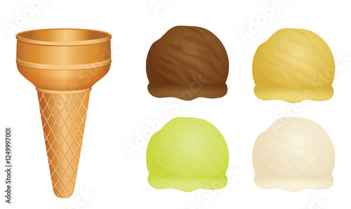 Set illustration of waffle cone along with four ice cream scoops in different colors and flavors. The scoops include chocolate brown, caramel yellow, lime green, and vanilla white, representing