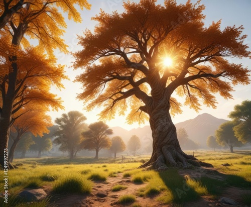 Ein einzelner gro?er Baum in einem Hinterhof mit sonniger Atmosph?re und umrahmten Bl?ttern, Baumkronen, Umrahmen photo