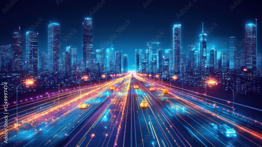 Fototapeta premium Futuristic City Highway With Cars At Night