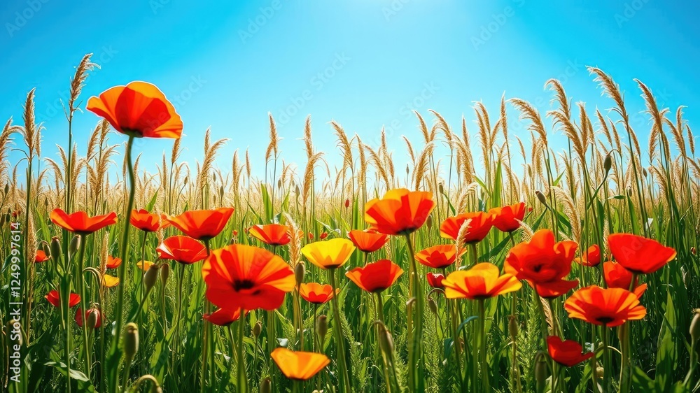 Fototapeta premium A stunning arrangement of red and yellow poppies in a lush field of tall golden corn stalks against a bright blue sky, nature, landscape