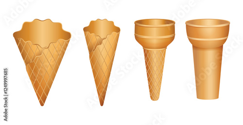 Set illustration of four types of empty ice cream cones, including waffle and sugar cone variations. The image highlights the texture and shapes of classic dessert cones, making it perfect for food