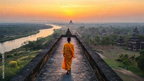 Serene monk walks along ancient temple path at sunrise overlooking river and landscape in Indonesia